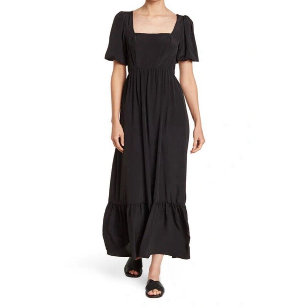 Socialite Black Ribbed Tiered Puff Sleeve Midi Dress Tie Back Size M Classic